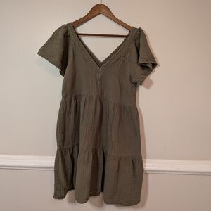 Old Navy Olive Tiered V-Neck Mini Dress 100% Cotton Natural Fibers